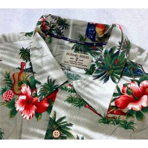 Burma Bibas Mens XL Hawaiian Shirt Rayon Blend Tropical Palm Hula Guitar